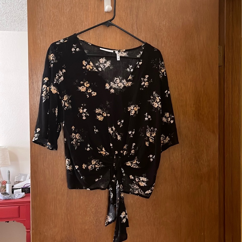 Black floral tie up blouse